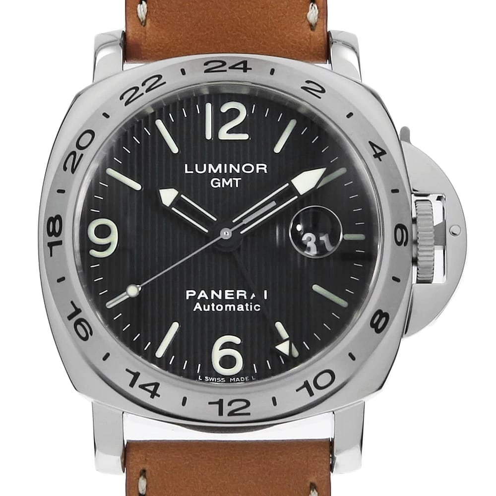 PANERAI LUMINOR GMT FLINKE WATCH: PANERAI Luminor GMT Flinke Watch Brand: PANERAI Type: Wrist watch Material: Band Material Calfskin, Case Material Stainless Steel Color: Dial Color Black Size: Band Size NONE, Case Size