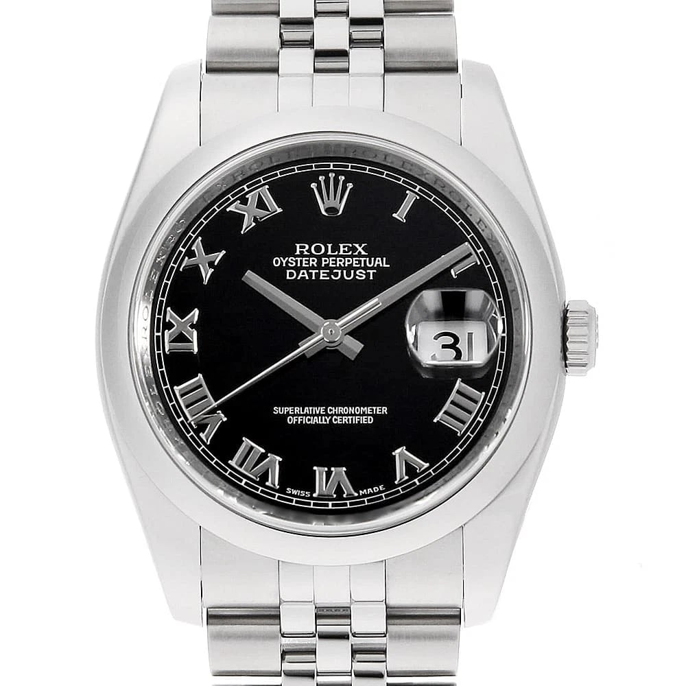 ROLEX DATEJUST BLACK ROMAN BRACELET WATCH: ROLEX Datejust black Roman bracelet Watch Brand: ROLEX Type: Wrist watch Material: Band Material Stainless Steel, Case Material Stainless Steel Color: Dial Color Black Size: Band Size 18.5cm