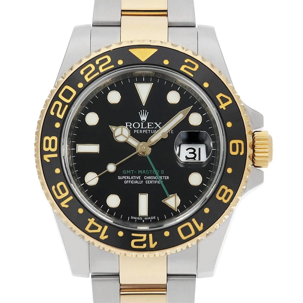 ROLEX GMT MASTER BLACK WATCH: ROLEX GMT Master black Watch Brand: ROLEX Type: Wrist watch Material: Band Material Stainless Steel/Yellow Gold, Case Material Stainless Steel/Yellow Gold Color: Dial Color Black Size: Band