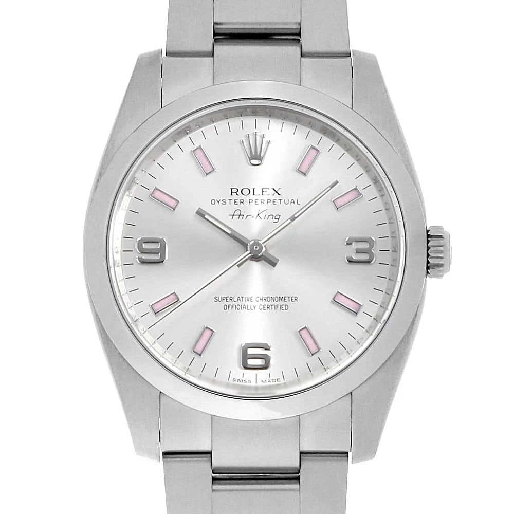 ROLEX AIR KING SILVER PINK WATCH: ROLEX Air king Silver Pink Watch Brand: ROLEX Type: Wrist watch Material: Band Material Stainless Steel, Case Material Stainless Steel Color: Dial Color Silver Size: Band Size 18.5cm