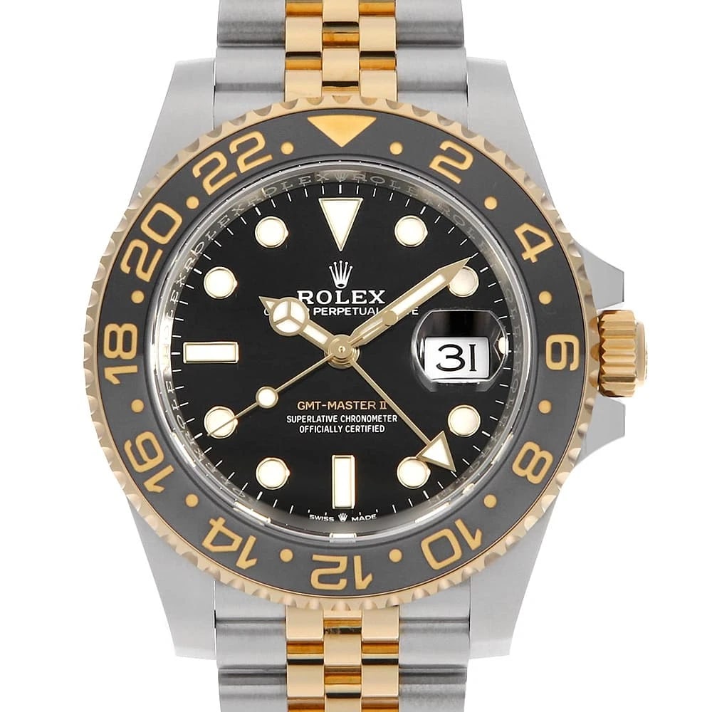 ROLEX GMT MASTER BLACK WATCH: ROLEX GMT Master black Watch Brand: ROLEX Type: Wrist watch Material: Band Material Stainless Steel/Yellow Gold, Case Material Stainless Steel/Yellow Gold Color: Dial Color Black Size: Band