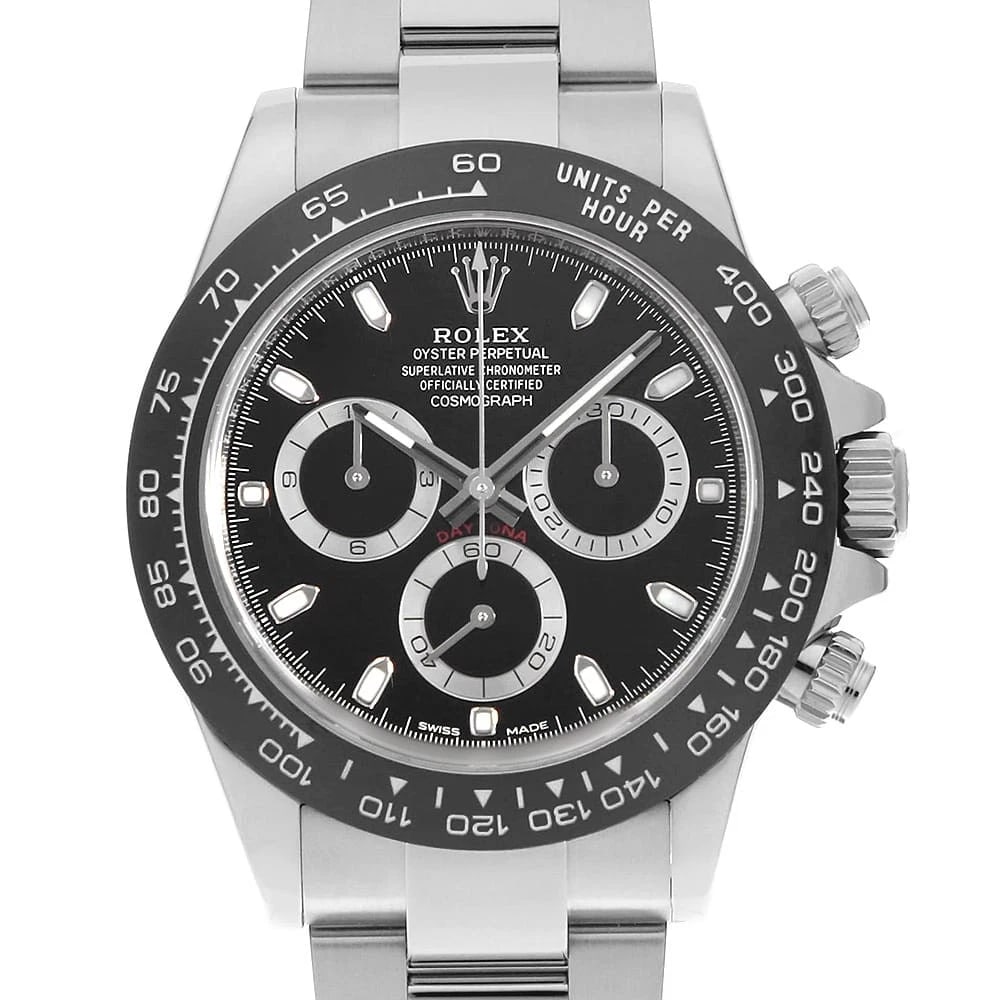 ROLEX COSMOGRAPH DAYTONA BLACK WATCH: ROLEX Cosmograph Daytona black Watch Brand: ROLEX Type: Wrist watch Material: Band Material Stainless Steel, Case Material Stainless Steel Color: Dial Color Black Size: Band Size 19.5cm