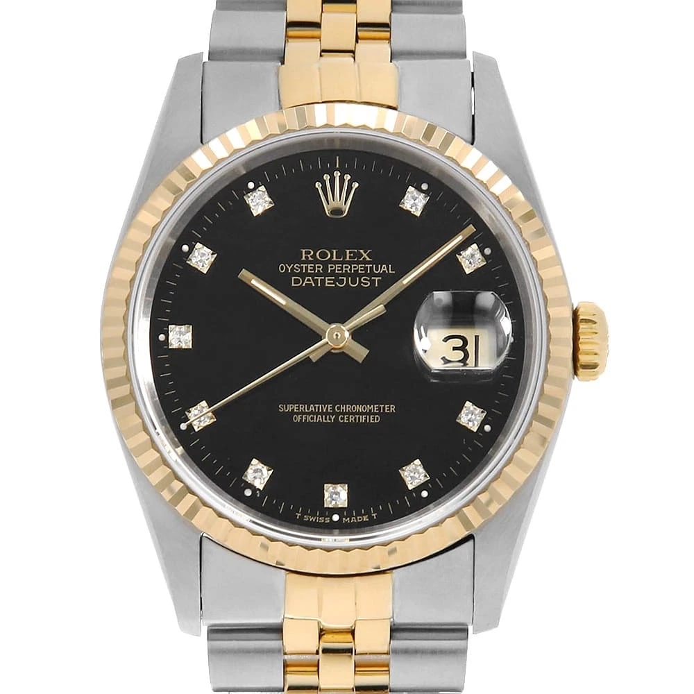 ROLEX DATEJUST DIAMOND BLACK WATCH: ROLEX Datejust Diamond black Watch Brand: ROLEX Type: Wrist watch Material: Band Material Stainless Steel/Yellow Gold, Case Material Stainless Steel/Yellow Gold Color: Dial Color Black Size: Band