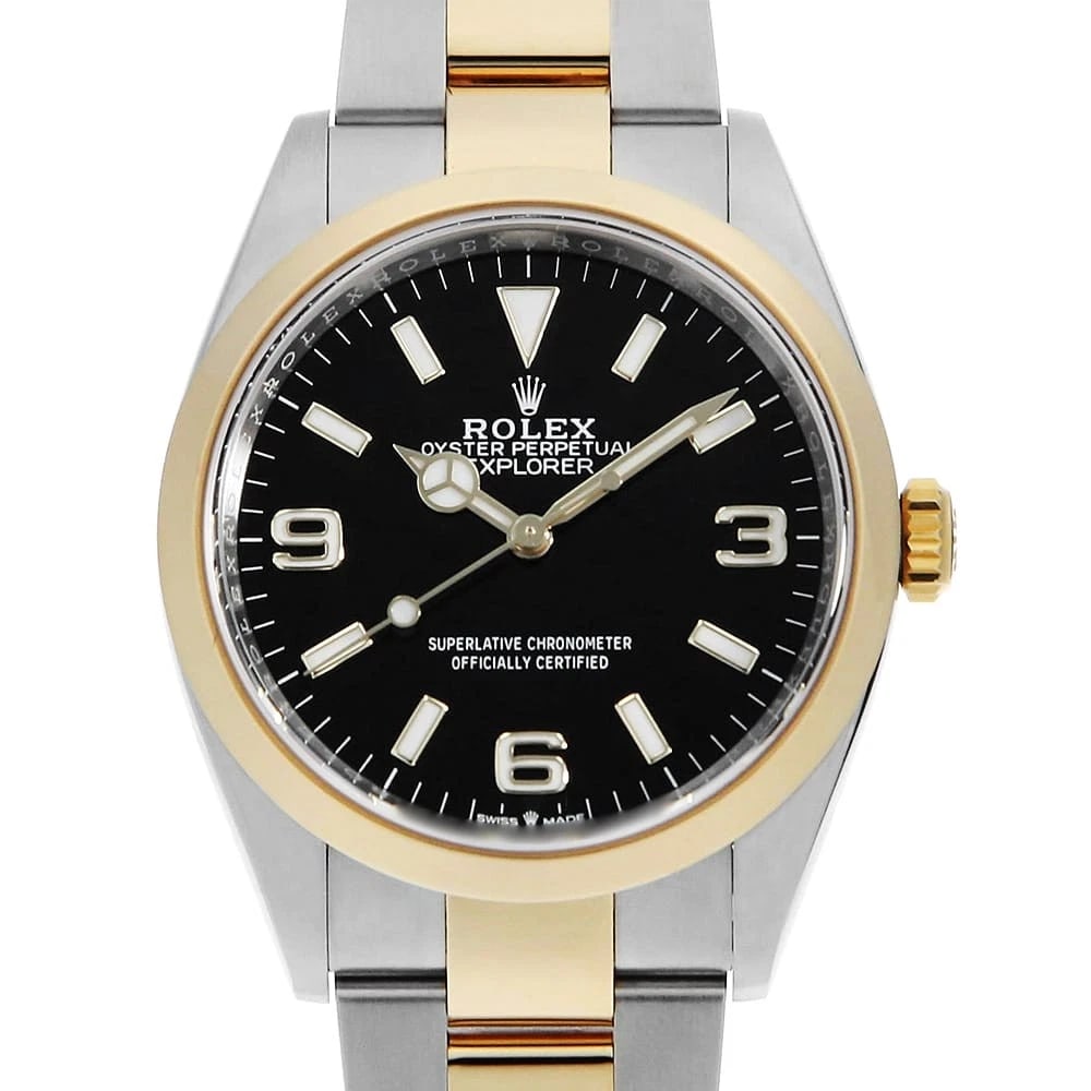 ROLEX EXPLORER BLACK WATCH: ROLEX Explorer black Watch Brand: ROLEX Type: Wrist watch Material: Band Material Stainless Steel/Yellow Gold, Case Material Stainless Steel/Yellow Gold Color: Dial Color Black Size: Band Size 19c