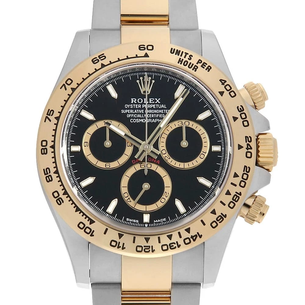 ROLEX COSMOGRAPH DAYTONA BLACK WATCH: ROLEX Cosmograph Daytona black Watch Brand: ROLEX Type: Wrist watch Material: Band Material Stainless Steel/Yellow Gold, Case Material Stainless Steel/Yellow Gold Color: Dial Color Black Size:
