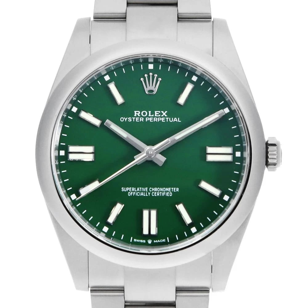 ROLEX OYSTER PERPETUAL GREEN WATCH: ROLEX Oyster Perpetual green Watch Brand: ROLEX Type: Wrist watch Material: Band Material Stainless Steel, Case Material Stainless Steel Color: Dial Color Green Size: Band Size 19cm (7.5inch),