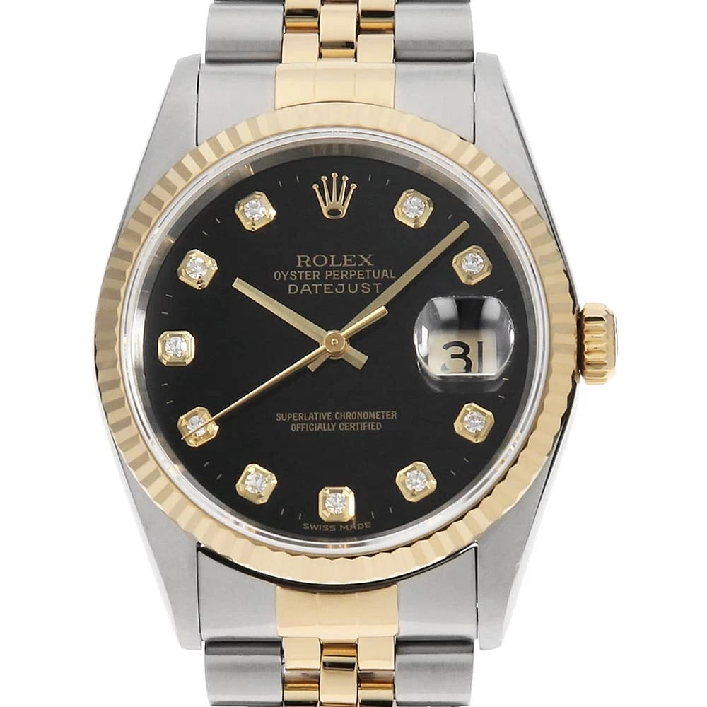ROLEX DATEJUST DIAMOND BLACK WATCH: ROLEX Datejust Diamond black Watch Brand: ROLEX Type: Wrist watch Material: Band Material Stainless Steel/Yellow Gold, Case Material Stainless Steel/Yellow Gold Color: Dial Color Black Size: