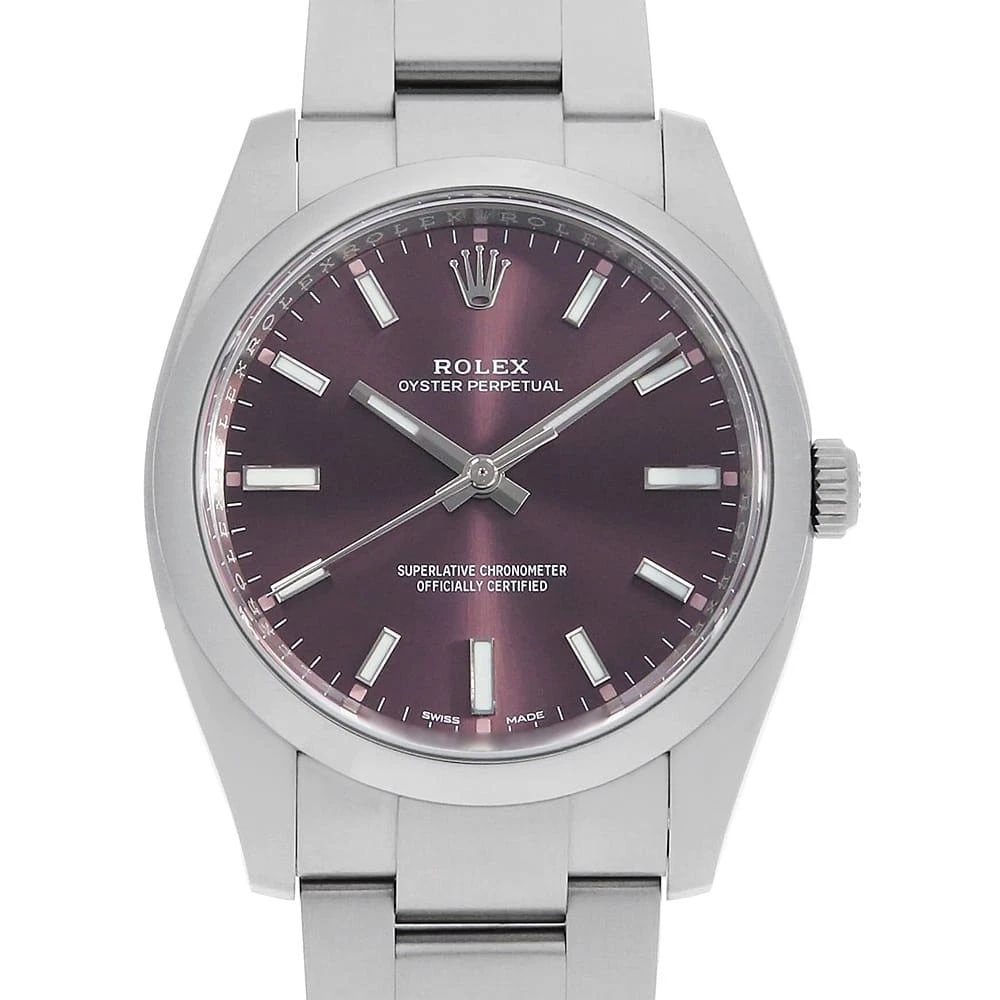 ROLEX OYSTER PERPETUAL RED GRAPE WATCH: ROLEX Oyster perpetual Red grape Watch Brand: ROLEX Type: Wrist watch Material: Band Material Stainless Steel, Case Material Stainless Steel Color: Dial Color Red grape Size: Band Size 18.5cm