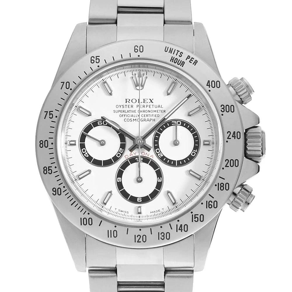 ROLEX COSMOGRAPH WHITE ALL TRITIUM WATCH: ROLEX Cosmograph white all tritium Watch Brand: ROLEX Type: Wrist watch Material: Band Material Stainless Steel, Case Material Stainless Steel Color: Dial Color White Size: Band Size 18.5cm