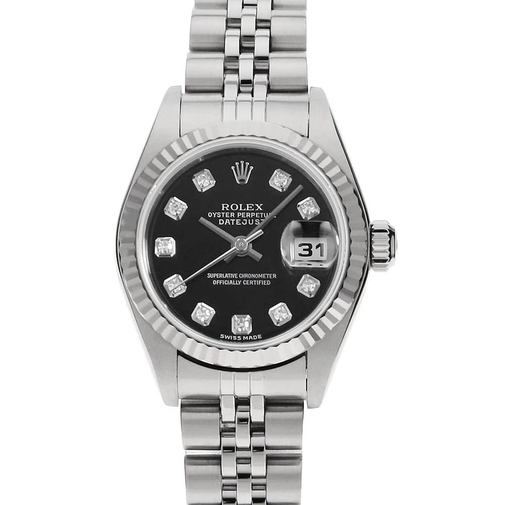 ROLEX DATEJUST DIAMOND BLACK WATCH: ROLEX Datejust Diamond black Watch Brand: ROLEX Type: Wrist watch Material: Band Material Stainless Steel, Case Material Stainless Steel/White gold Color: Dial Color Black Size: Band Size