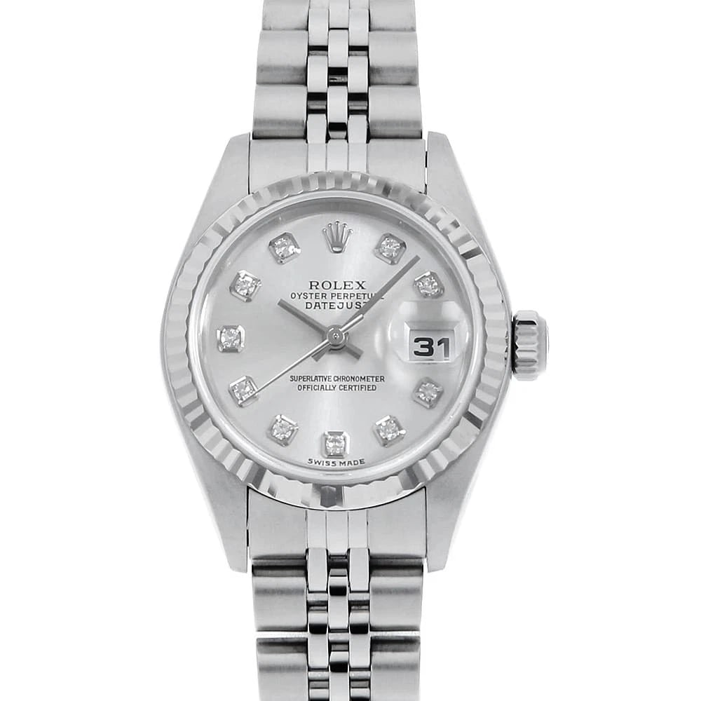 ROLEX DATEJUST DIAMOND SILVER F WATCH: ROLEX Datejust Diamond Silver F Watch Brand: ROLEX Type: Wrist watch Material: Band Material Stainless Steel, Case Material Stainless Steel/White gold Color: Dial Color Silver Size: Band Size