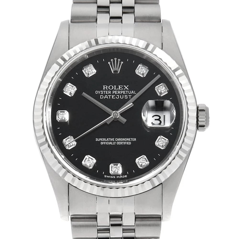 ROLEX DATEJUST DIAMOND BLACK K WATCH: ROLEX Datejust Diamond black K Watch Brand: ROLEX Type: Wrist watch Material: Band Material Stainless Steel, Case Material Stainless Steel/White gold Color: Dial Color Black Size: Band Size