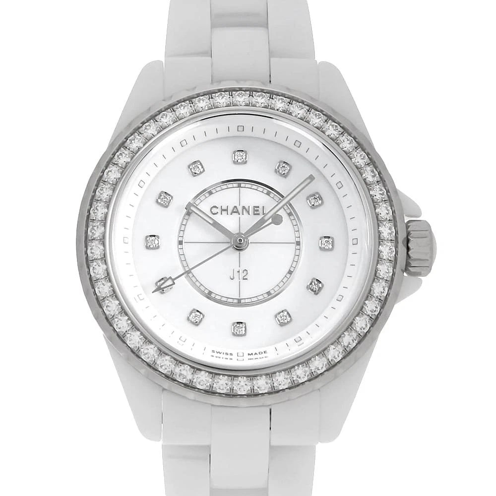 CHANEL J12 WHITE CERAMIC DIAMOND WATCH: CHANEL J12 White Ceramic Diamond Watch Brand: CHANEL Type: Wrist watch Material: Band Material Ceramic, Case Material Ceramic Color: Dial Color White Size: Band Size 17cm (6.7inch), Case Size