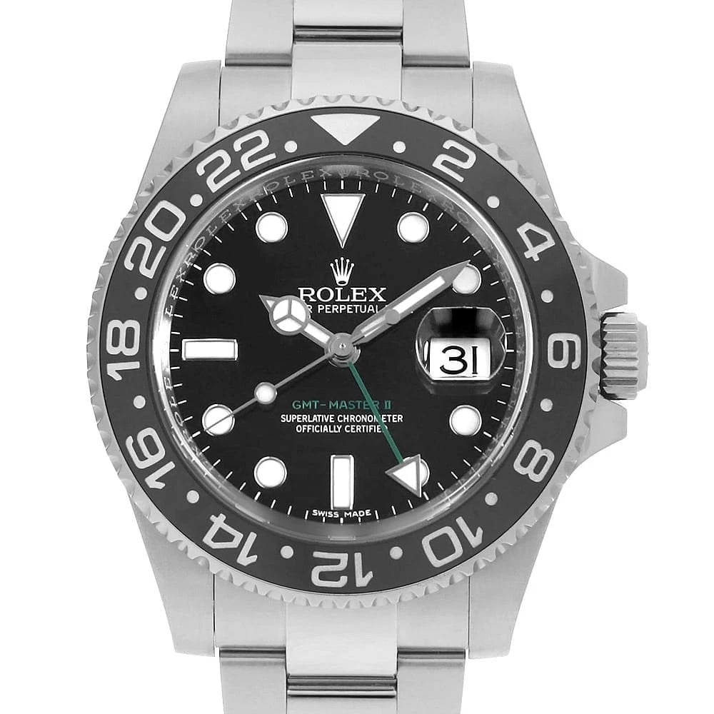 ROLEX GMT MASTER BLACK WATCH: ROLEX GMT Master black Watch Brand: ROLEX Type: Wrist watch Material: Band Material Stainless Steel, Case Material Stainless Steel Color: Dial Color Black Size: Band Size 18.5cm (7.3inch), Case Si