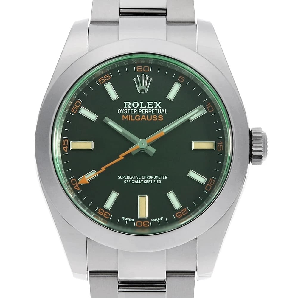 ROLEX MILGAUSS GREEN GLASS BLACK WATCH: ROLEX Milgauss green glass black Watch Brand: ROLEX Type: Wrist watch Material: Band Material Stainless Steel, Case Material Stainless Steel Color: Dial Color Black Size: Band Size 19cm