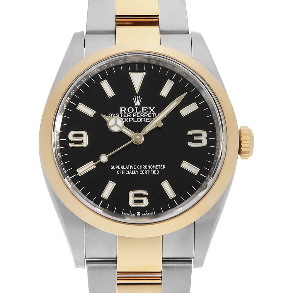 ROLEX EXPLORER BLACK WATCH: ROLEX Explorer black Watch Brand: ROLEX Type: Wrist watch Material: Band Material Stainless Steel/Yellow Gold, Case Material Stainless Steel/Yellow Gold Color: Dial Color Black Size: Band Size