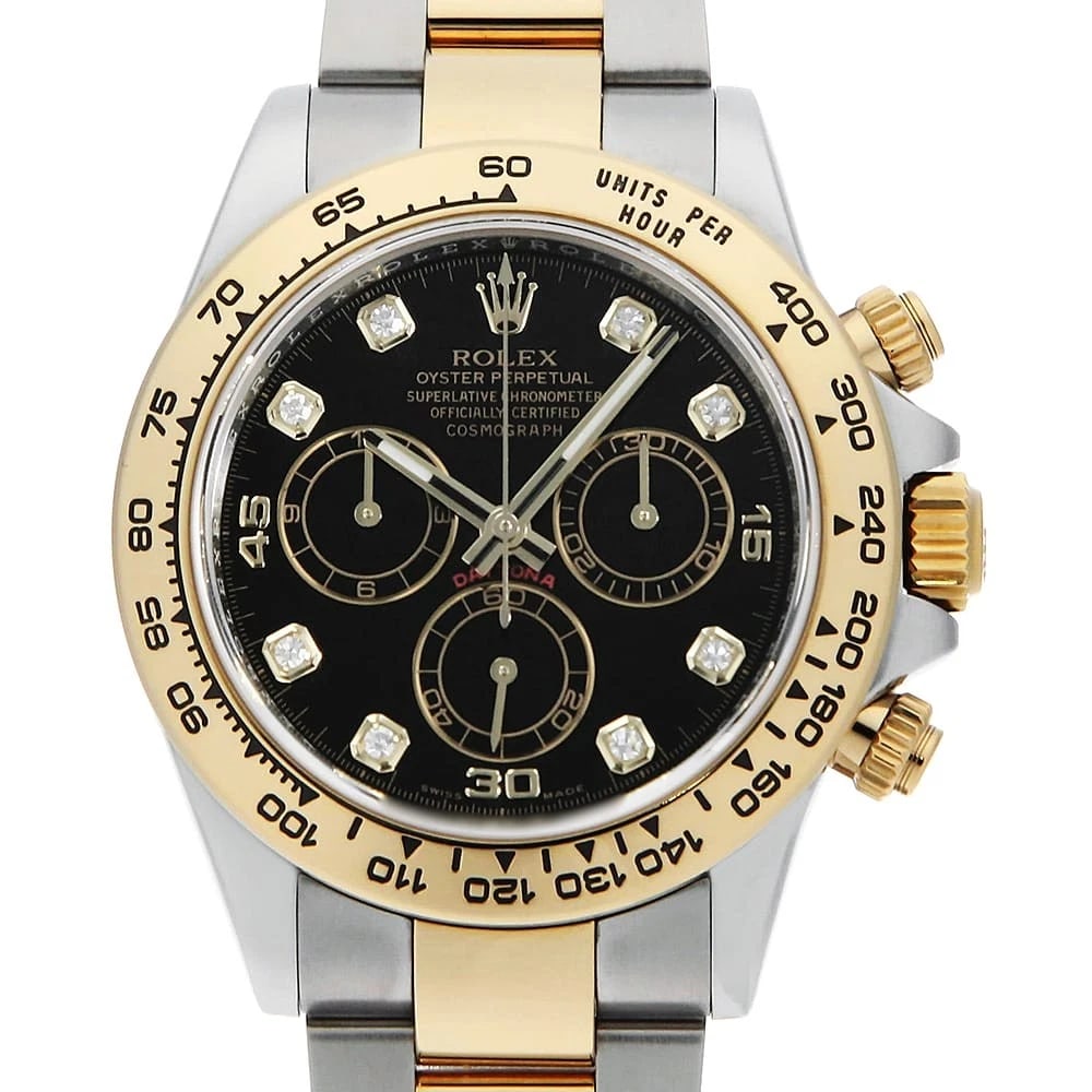 ROLEX COSMOGRAPH DAYTONA DIAMOND BLACK WATCH: ROLEX Cosmograph Daytona diamond black Watch Brand: ROLEX Type: Wrist watch Material: Band Material Stainless Steel/Yellow Gold, Case Material Stainless Steel/Yellow Gold Color: Dial Color