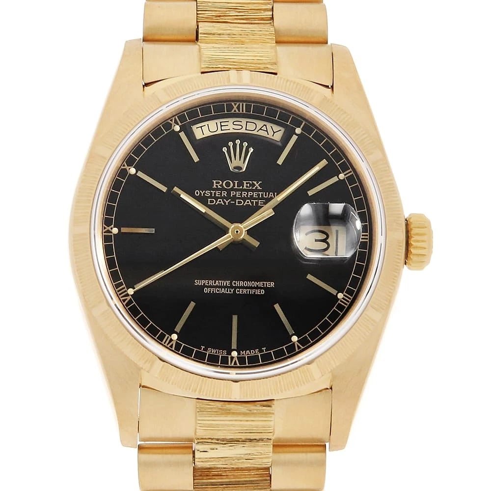ROLEX DAY DATE BURKE BLACK WATCH: ROLEX Day Date Burke black Watch Brand: ROLEX Type: Wrist watch Material: Band Material Yellow Gold, Case Material Yellow Gold Color: Dial Color Black Size: Band Size 17.5cm (6.9inch), Case