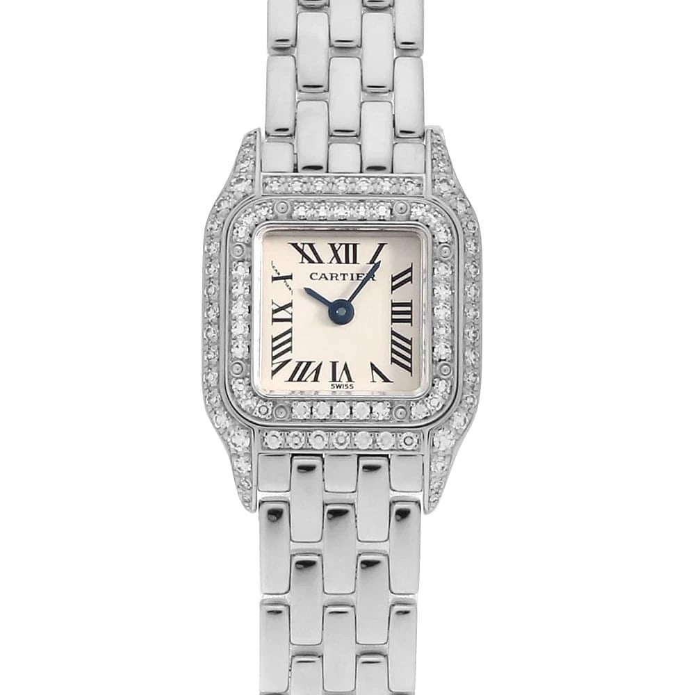 CARTIER MINI PANTHERE BEZEL DIAMOND WATCH: Cartier Mini PANTHERE Bezel Diamond Watch Brand: Cartier Type: Wrist watch Material: Band Material White Gold, Case Material White Gold Color: Dial Color Silver Size: Band Size 15.5cm