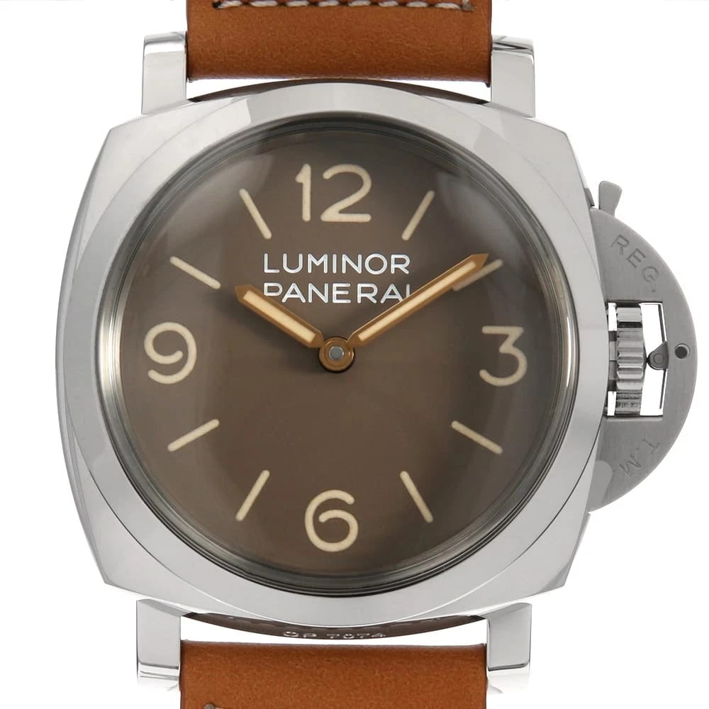 PANERAI LUMINOR ACCIAO WATCH: PANERAI Luminor Acciao Watch Brand: PANERAI Type: Wrist watch Material: Band Material Calfskin, Case Material Stainless Steel Color: Dial Color Brown Size: Band Size NONE, Case Size Case:W47mm