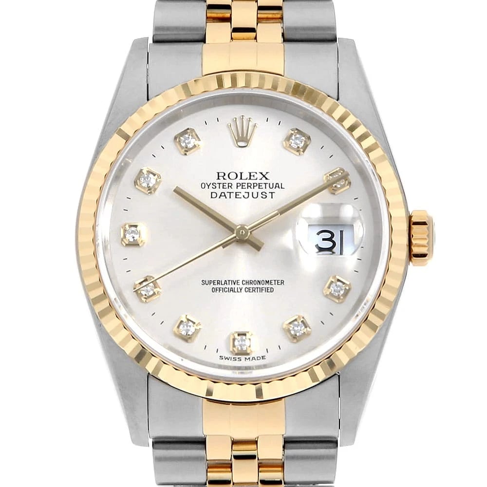 ROLEX DATEJUST DIAMOND SILVER WATCH: ROLEX Datejust Diamond Silver Watch Brand: ROLEX Type: Wrist watch Material: Band Material Stainless Steel/Yellow Gold, Case Material Stainless Steel/Yellow Gold Color: Dial Color Silver Size: