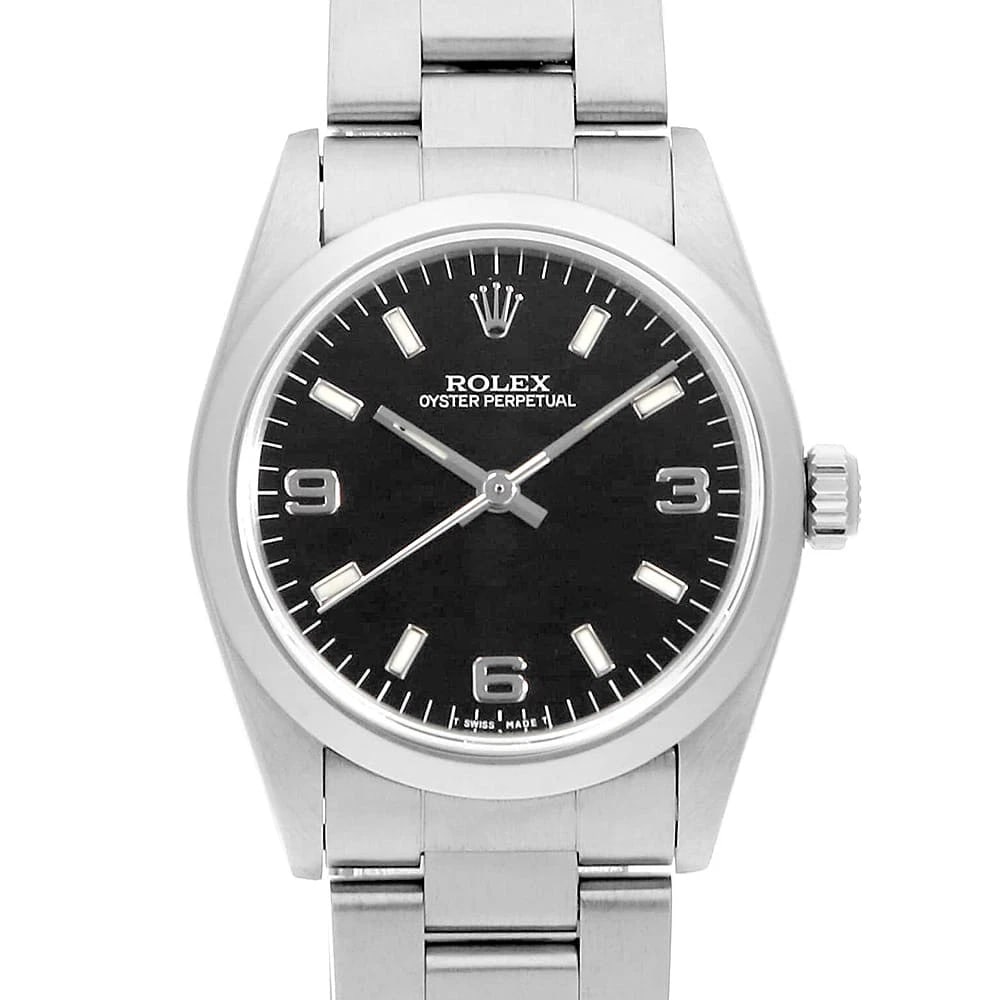 ROLEX OYSTER PERPETUAL BLACK WHITE WATCH: ROLEX Oyster perpetual black white Watch Brand: ROLEX Type: Wrist watch Material: Band Material Stainless Steel, Case Material Stainless Steel Color: Dial Color Black Size: Band Size 18.5cm