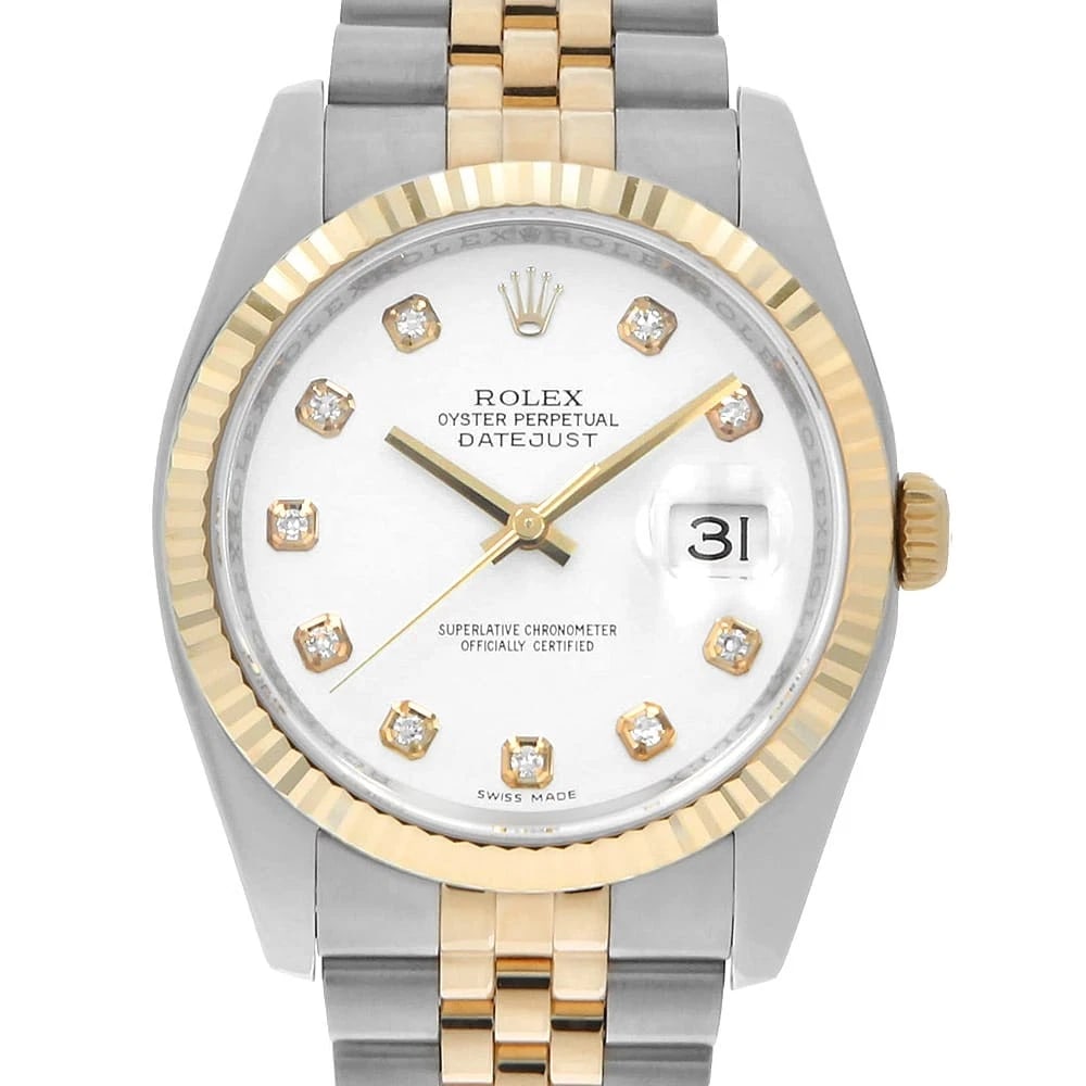 ROLEX DATEJUST DIAMOND WHITE WATCH: ROLEX Datejust Diamond white Watch Brand: ROLEX Type: Wrist watch Material: Band Material Stainless Steel/Yellow Gold, Case Material Stainless Steel/Yellow Gold Color: Dial Color White Size: