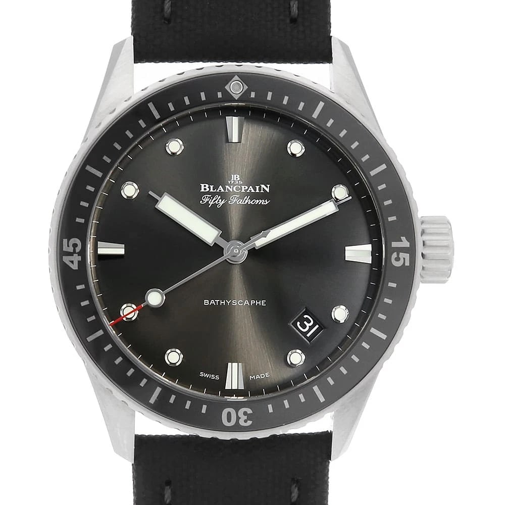 BLANCPAIN FATHOMS BATIS CALFSKIN WATCH: BLANCPAIN Fathoms Batis Calfskin Watch Brand: BLANCPAIN Type: Wrist watch Material: Band Material canvas, Case Material Stainless Steel Color: Dial Color Gray Size: Band Size NONE, Case Size