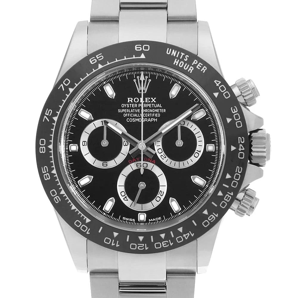 ROLEX COSMOGRAPH DAYTONA BLACK WATCH: ROLEX Cosmograph Daytona black Watch Brand: ROLEX Type: Wrist watch Material: Band Material Stainless Steel, Case Material Stainless Steel Color: Dial Color Black Size: Band Size 19.5cm