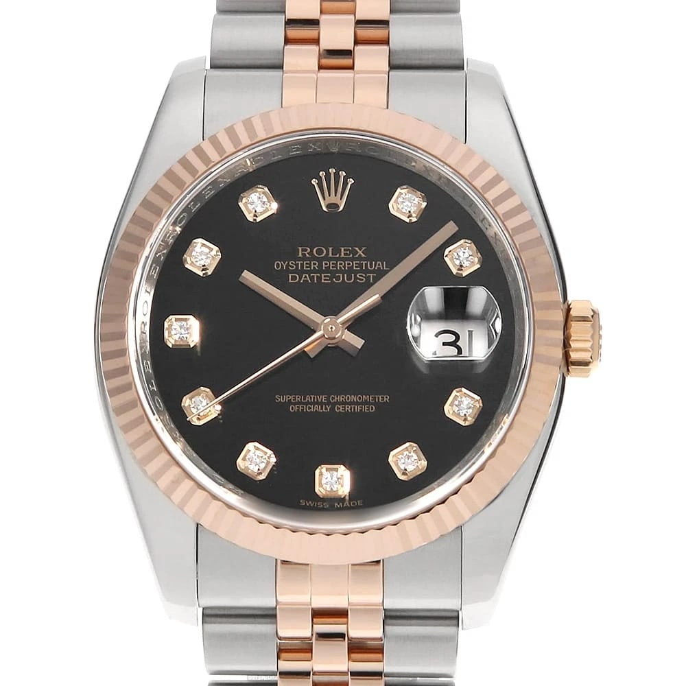 ROLEX DATEJUST DIAMOND BLACK WATCH: ROLEX Datejust Diamond black Watch Brand: ROLEX Type: Wrist watch Material: Band Material Stainless Steel/Pink Gold, Case Material Stainless Steel/Pink Gold Color: Dial Color Black Size: Band