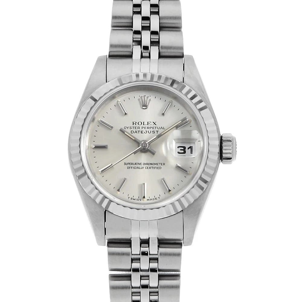 ROLEX DATEJUST SILVER WATCH: ROLEX Datejust Silver Watch Brand: ROLEX Type: Wrist watch Material: Band Material Stainless Steel, Case Material Stainless Steel/White gold Color: Dial Color Silver Size: Band Size 17cm (6.7inch)