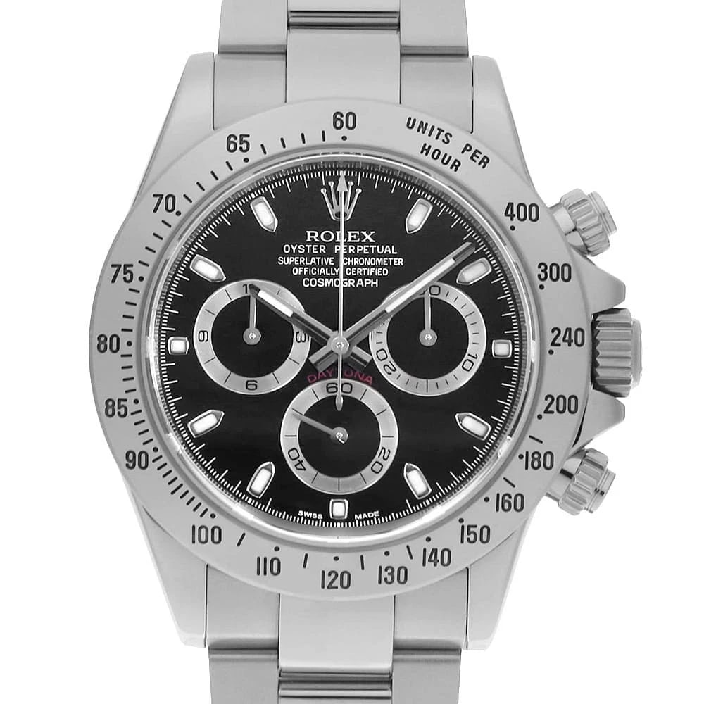 ROLEX COSMOGRAPH DAYTONA BLACK WATCH: ROLEX Cosmograph Daytona black Watch Brand: ROLEX Type: Wrist watch Material: Band Material Stainless Steel, Case Material Stainless Steel Color: Dial Color Black Size: Band Size 19cm