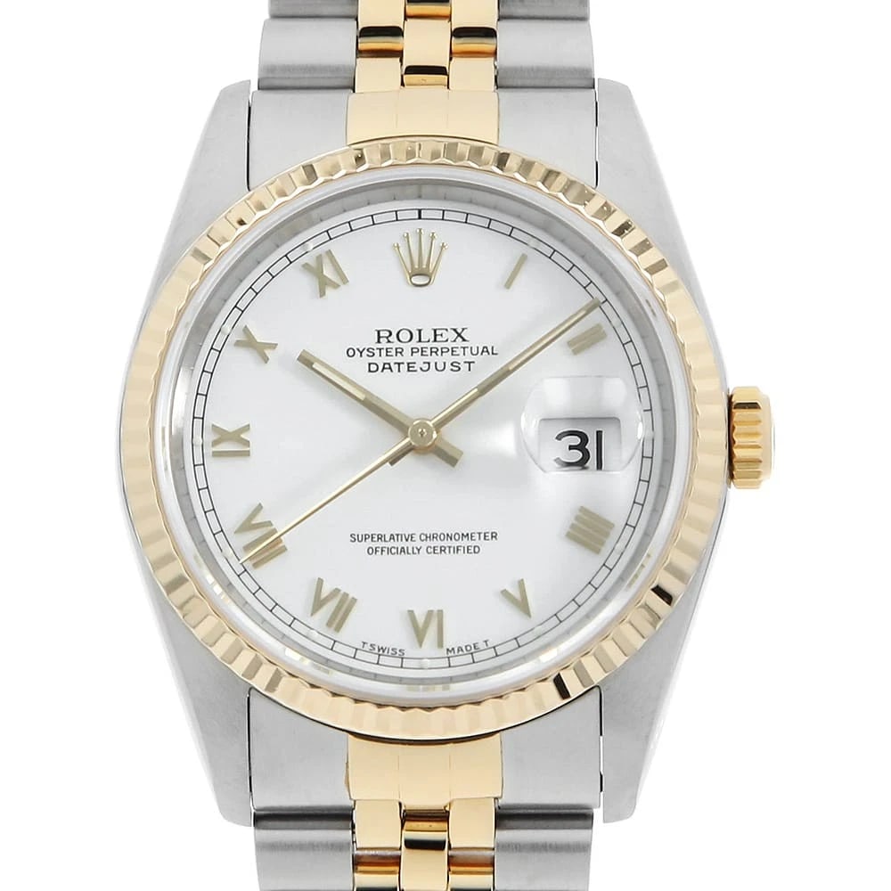 ROLEX DATEJUST WHITE ROME WATCH: ROLEX Datejust white Rome Watch Brand: ROLEX Type: Wrist watch Material: Band Material Stainless Steel/Yellow Gold, Case Material Stainless Steel/Yellow Gold Color: Dial Color White Size: Band