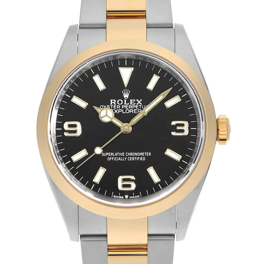 ROLEX EXPLORER BLACK WATCH: ROLEX Explorer black Watch Brand: ROLEX Type: Wrist watch Material: Band Material Stainless Steel/Yellow Gold, Case Material Stainless Steel/Yellow Gold Color: Dial Color Black Size: Band Size 19c