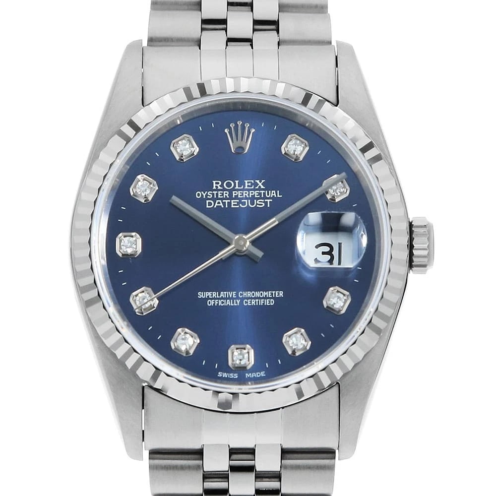 ROLEX DATEJUST DIAMOND BLUE WATCH: ROLEX Datejust Diamond blue Watch Brand: ROLEX Type: Wrist watch Material: Band Material Stainless Steel, Case Material Stainless Steel/White gold Color: Dial Color Blue Size: Band Size 18cm (7.1i
