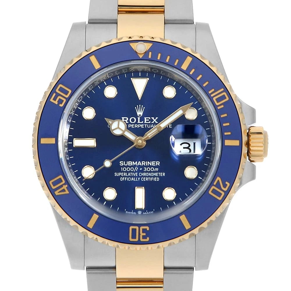 ROLEX SUBMARINER BLUE WATCH: ROLEX SUBMARINER blue Watch Brand: ROLEX Type: Wrist watch Material: Band Material Stainless Steel/Yellow Gold, Case Material Stainless Steel/Yellow Gold Color: Dial Color Blue Size: Band Size