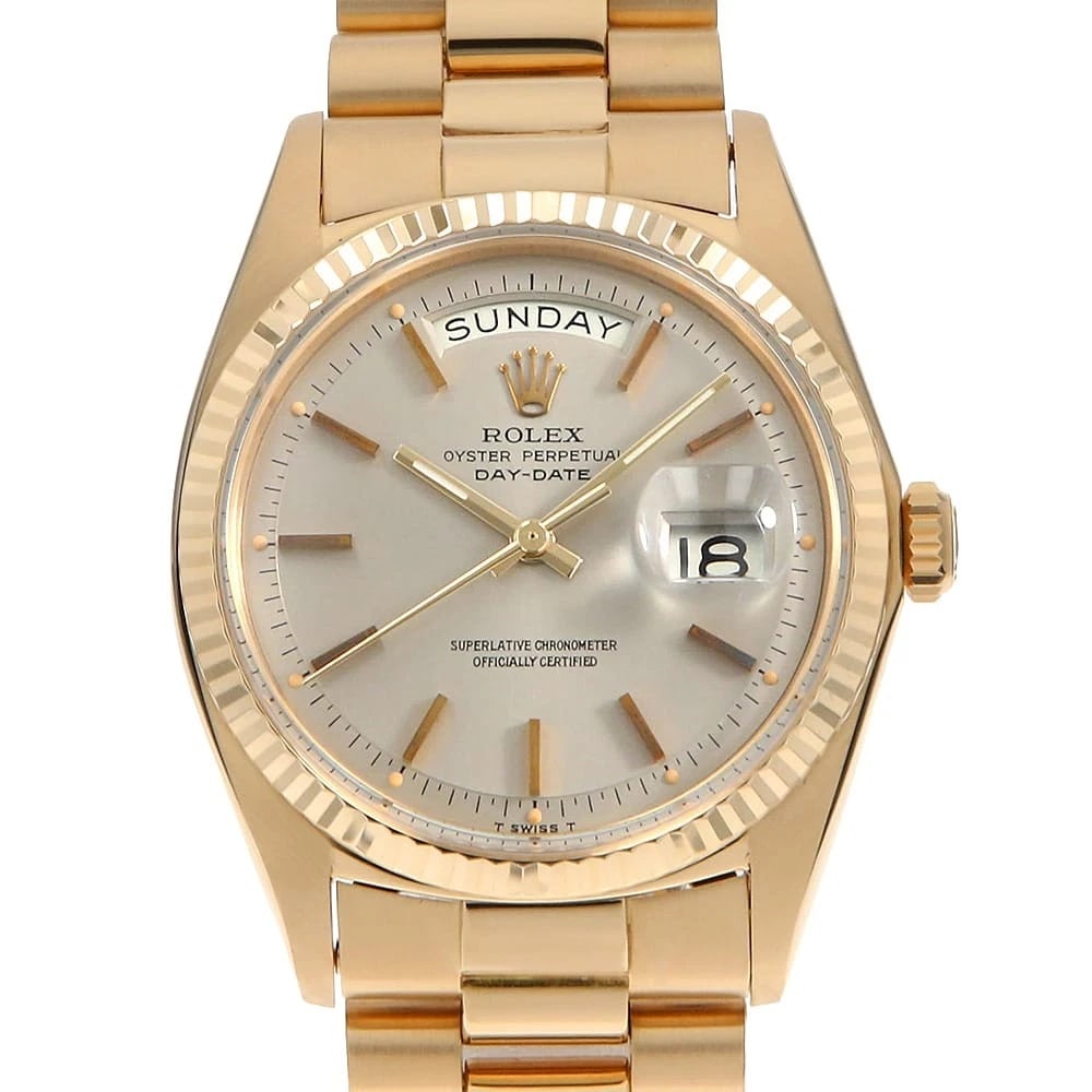 ROLEX DAY DATE SILVER ANTIQUE WATCH: ROLEX Day date Silver antique Watch Brand: ROLEX Type: Wrist watch Material: Band Material Yellow Gold, Case Material Yellow Gold Color: Dial Color Silver Size: Band Size 18.5cm (7.3inch),