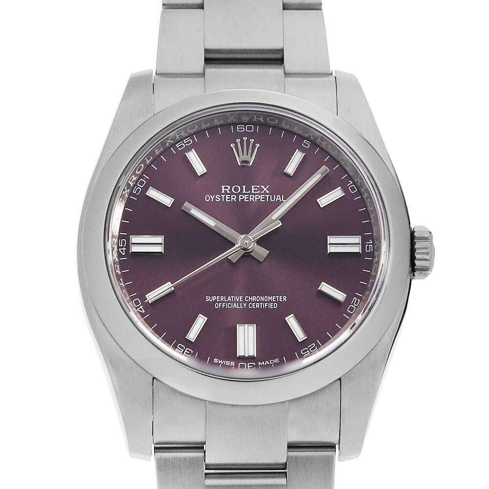 ROLEX OYSTER PERPETUAL RED GRAPE WATCH: ROLEX Oyster perpetual Red grape Watch Brand: ROLEX Type: Wrist watch Material: Band Material Stainless Steel, Case Material Stainless Steel Color: Dial Color Red grape Size: Band Size 18.5cm (7.3