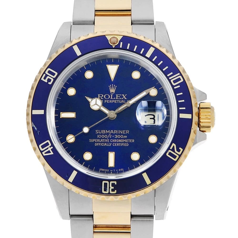 ROLEX SUBMARINER BLUE ALL TRITIUM WATCH: ROLEX SUBMARINER blue all tritium Watch Brand: ROLEX Type: Wrist watch Material: Band Material Stainless Steel/Yellow Gold, Case Material Stainless Steel/Yellow Gold Color: Dial Color Blue Size: B