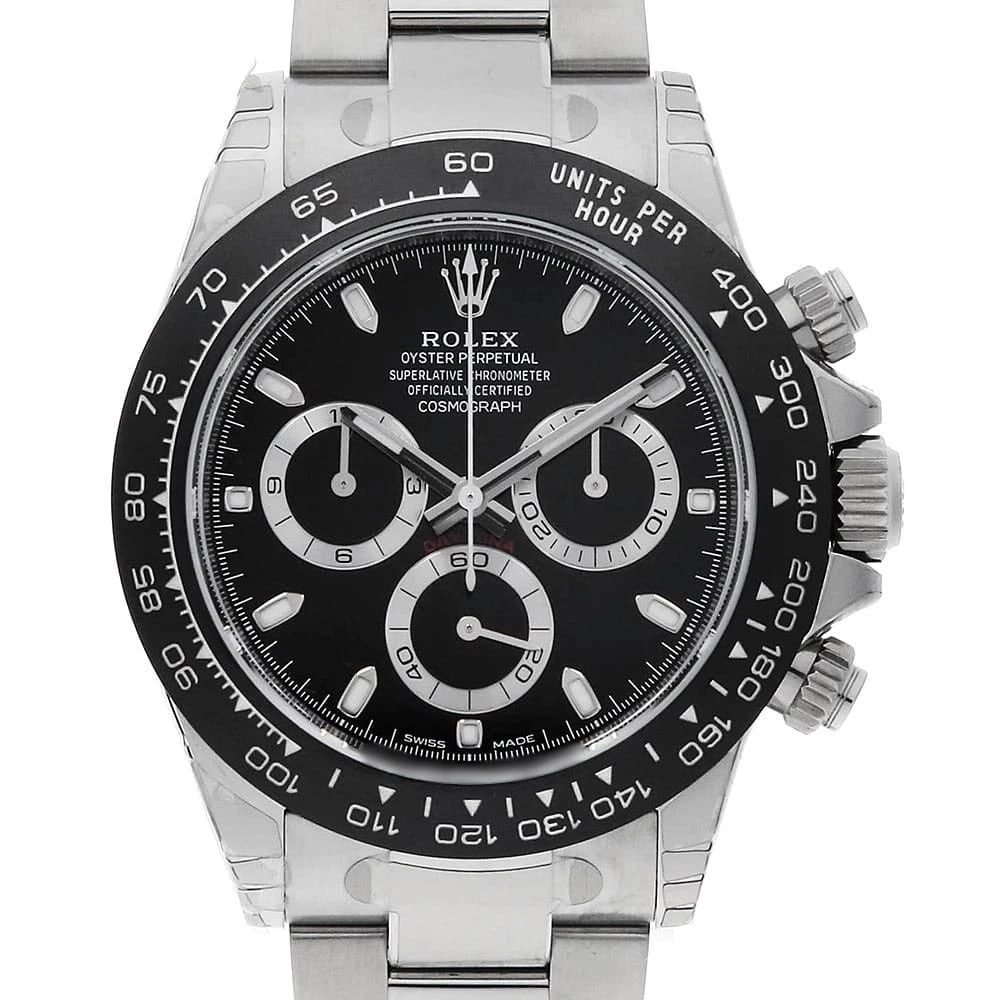 ROLEX COSMOGRAPH DAYTONA BLACK WATCH: ROLEX Cosmograph Daytona black Watch Brand: ROLEX Type: Wrist watch Material: Band Material Stainless Steel, Case Material Stainless Steel Color: Dial Color Black Size: Band Size 19cm