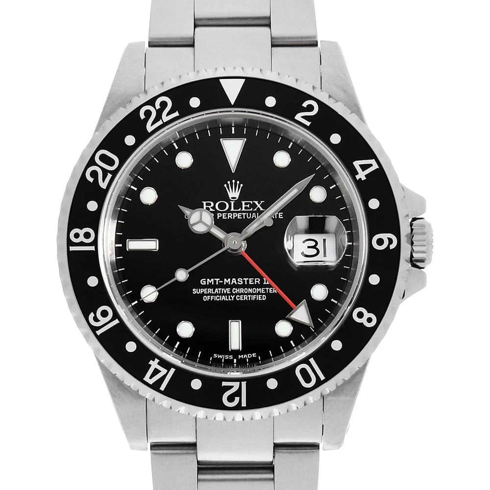 ROLEX GMT MASTER BLACK WATCH: ROLEX GMT Master black Watch Brand: ROLEX Type: Wrist watch Material: Band Material Stainless Steel, Case Material Stainless Steel Color: Dial Color Black Size: Band Size 18.5cm (7.3inch), Case Si