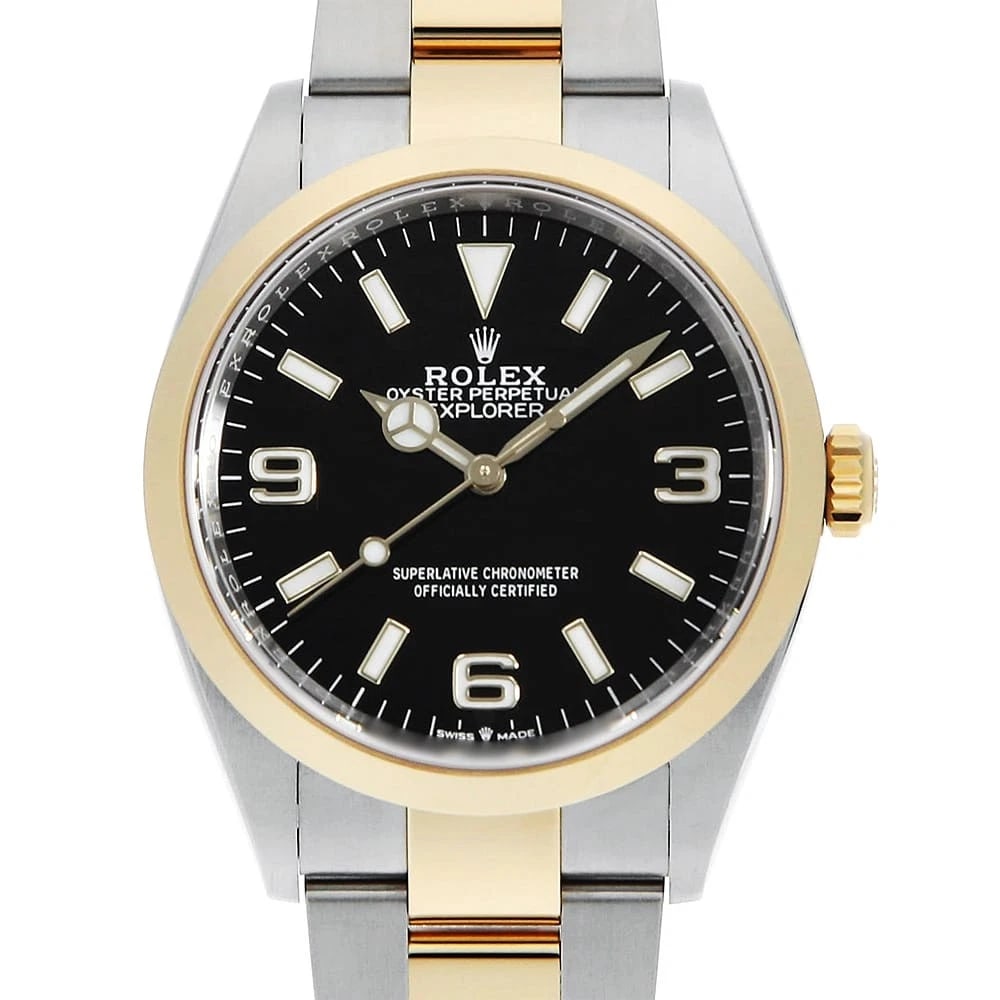 ROLEX EXPLORER BLACK WATCH: ROLEX Explorer black Watch Brand: ROLEX Type: Wrist watch Material: Band Material Stainless Steel/Yellow Gold, Case Material Stainless Steel/Yellow Gold Color: Dial Color Black Size: Band Size 19c