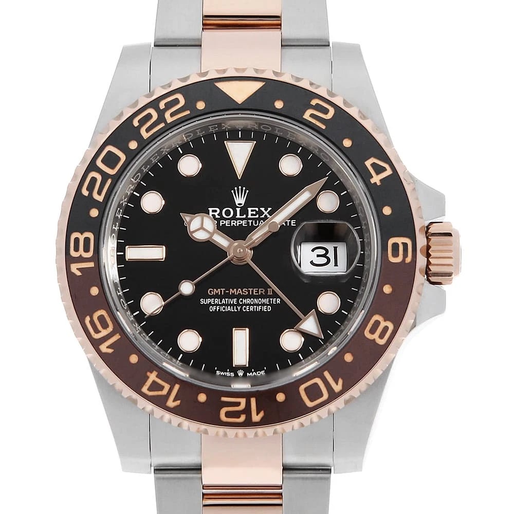 ROLEX GMT MASTER BLACK WATCH: ROLEX GMT Master black Watch Brand: ROLEX Type: Wrist watch Material: Band Material Stainless Steel/Everose Gold, Case Material Stainless Steel/Everose Gold Color: Dial Color Black Size: Band