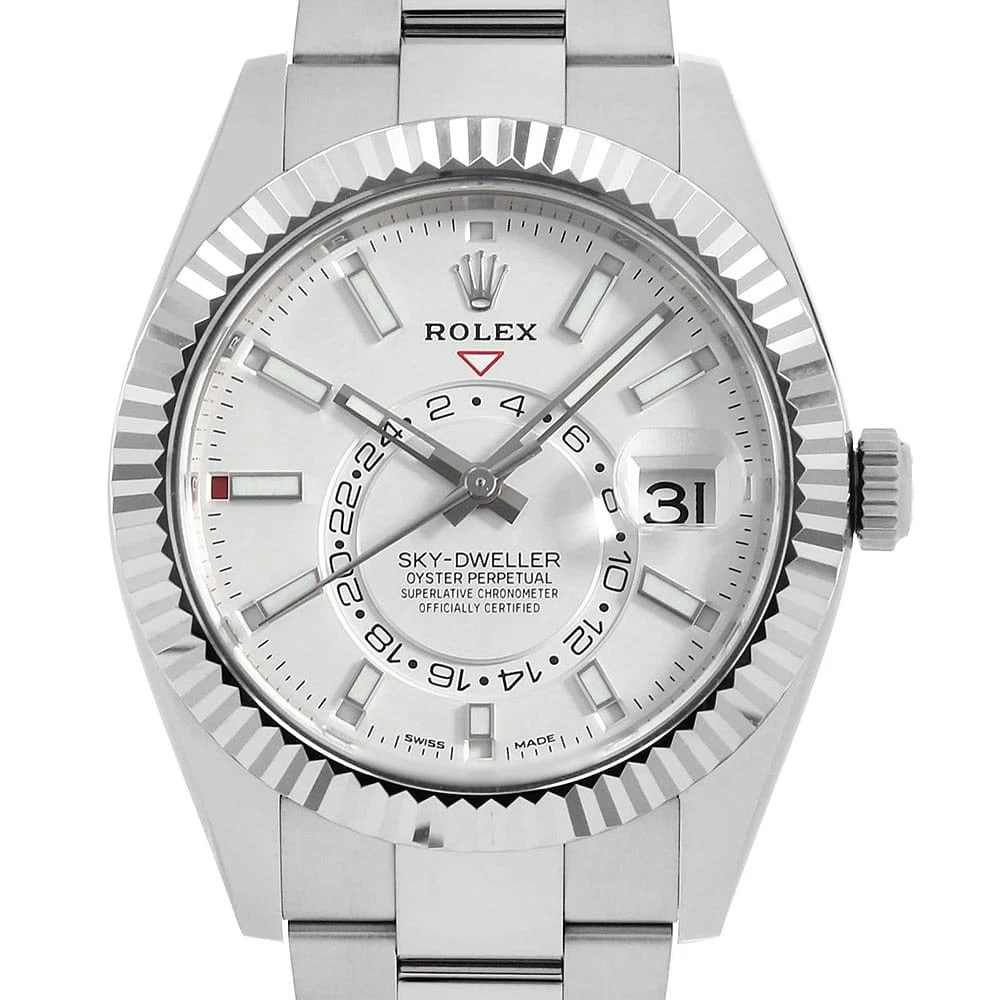 ROLEX SKY-DWELLER WHITE OYSTER BRACELET WATCH: ROLEX SKY-DWELLER white oyster bracelet Watch Brand: ROLEX Type: Wrist watch Material: Band Material Stainless Steel, Case Material Stainless Steel/White gold Color: Dial Color White Size: