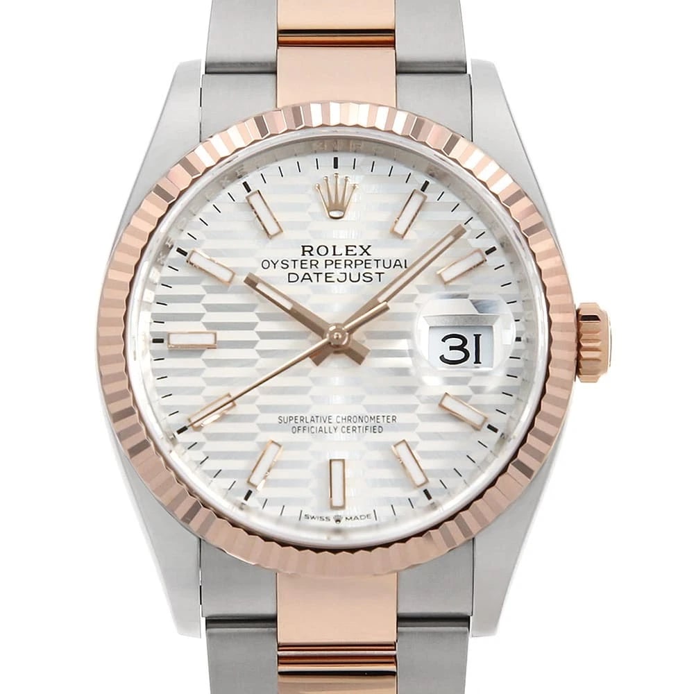 ROLEX DATEJUST SILVER FLUTED ROW OYSTER BRACELET WATCH: ROLEX DATEJUST Silver Fluted Row Oyster Bracelet Watch Brand: ROLEX Type: Wrist watch Material: Band Material Stainless Steel/Everose Gold, Case Material Stainless Steel/Everose Gold Color: