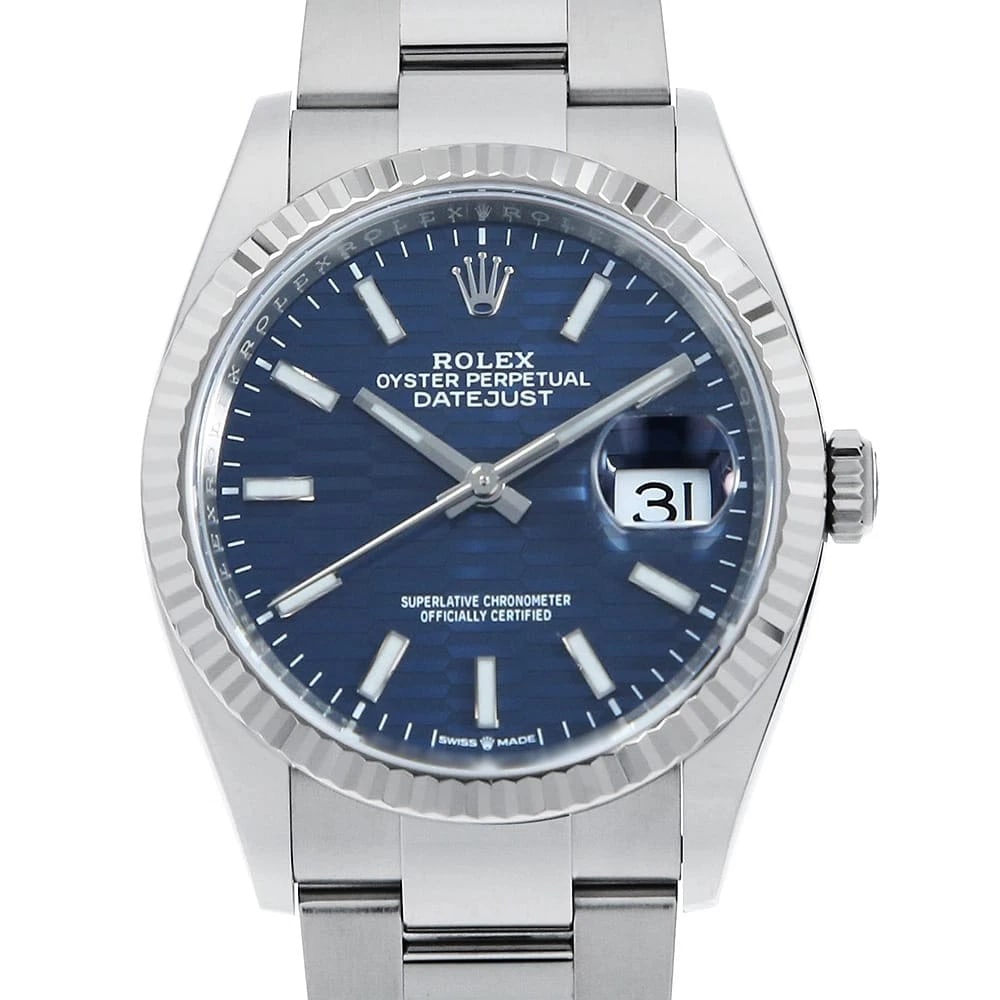 ROLEX DATEJUST BLUE FLUTED MOTIF ROWS OYSTER BRACELET WATCH: ROLEX DATEJUST blue Fluted motif rows oyster bracelet Watch Brand: ROLEX Type: Wrist watch Material: Band Material Stainless Steel, Case Material Stainless Steel/White gold Color: Dial Color