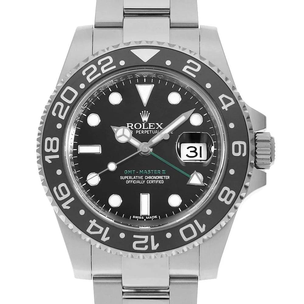 ROLEX GMT MASTER BLACK WATCH: ROLEX GMT Master black Watch Brand: ROLEX Type: Wrist watch Material: Band Material Stainless Steel, Case Material Stainless Steel Color: Dial Color Black Size: Band Size 19.5cm (7.7inch), Case Si