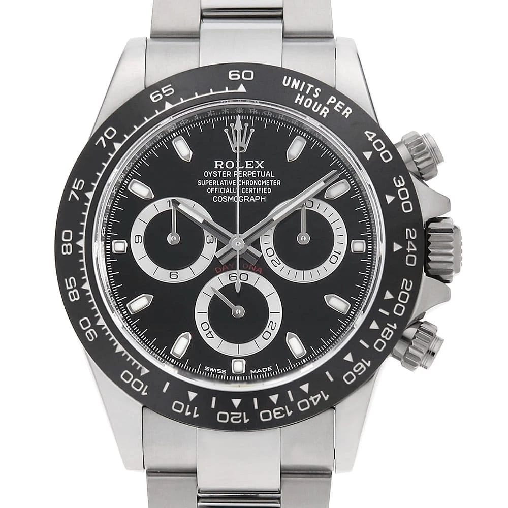 ROLEX COSMOGRAPH DAYTONA BLACK WATCH: ROLEX Cosmograph Daytona black Watch Brand: ROLEX Type: Wrist watch Material: Band Material Stainless Steel, Case Material Stainless Steel Color: Dial Color Black Size: Band Size 19cm