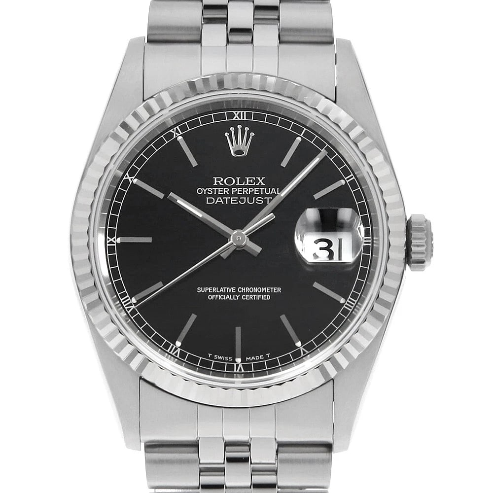 ROLEX DATEJUST BLACK WATCH: ROLEX Datejust black Watch Brand: ROLEX Type: Wrist watch Material: Band Material Stainless Steel, Case Material Stainless Steel/White gold Color: Dial Color Black Size: Band Size 18.5cm