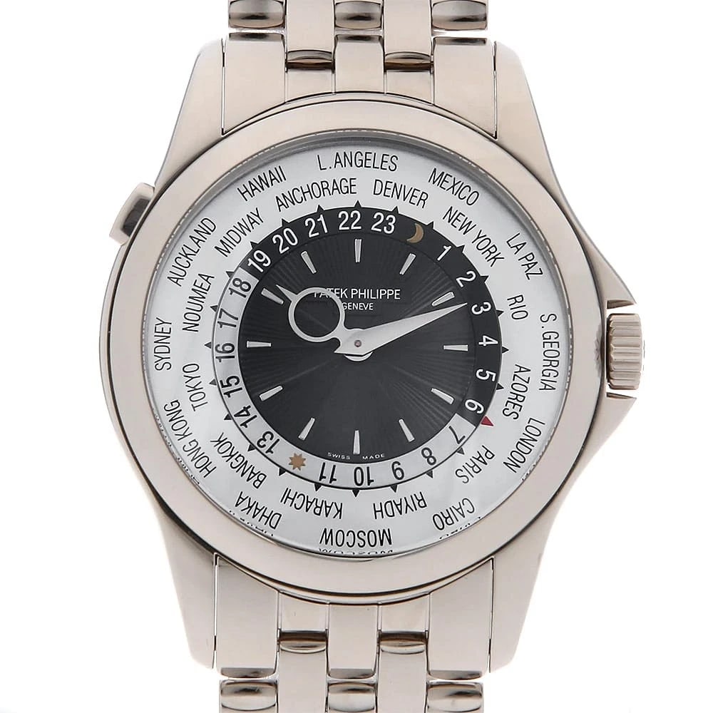 PATEK PHILIPPE WORLD WATCH: PATEK PHILIPPE World Watch Brand: PATEK PHILIPPE Type: Wrist watch Material: Band Material White Gold, Case Material White Gold Color: Dial Color Silver and Black Size: Band Size 18cm